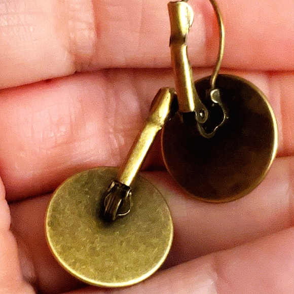 Fashion convex glass earrings with inlaid rose image in bronze lever backs. - Picture 5 of 5